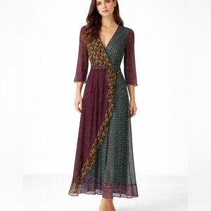 Cato Wrap Style Boho Patchwork Chiffon Dress S Long NWT